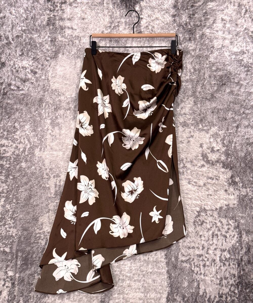 LilySilk Skirt Small Womens Brown Olive Stretch Silk Floral Midi